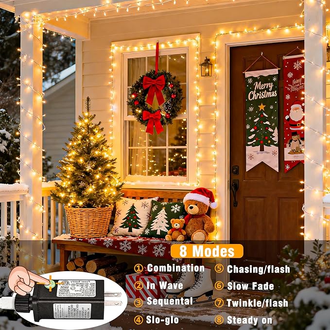 800 LED Christmas Lights Outdoor Indoor, Warm White Christmas Lights 8 Modes Clear Wire Waterproof, Plug in Twinkle Fairy String Light for Xmas Tree Wedding Bedroom Decorations
