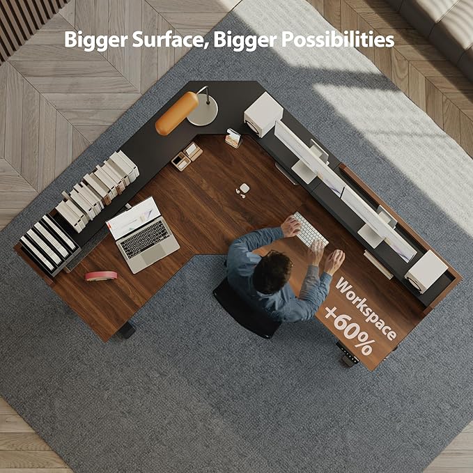 Agilestic L Shaped Standing Desk, Adjustable Height Corner Gaming Desk with Shelf, Sit Stand Up Desk, 63 x 55 Inch Home Office Computer Table, Dark Walnut