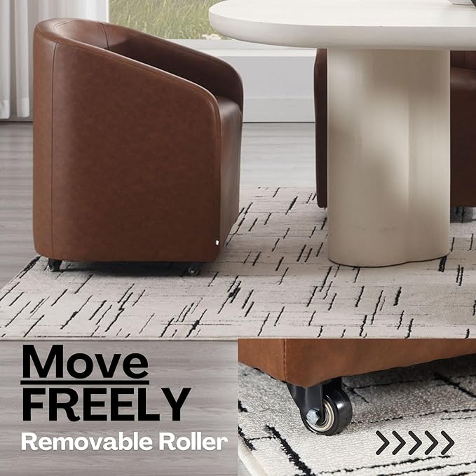 Modern Barrel Upholstered Dining Chairs with Swivel Casters Set of 6, Brown Faux Leather Back Accent Side Chair for Dining Room Living Room