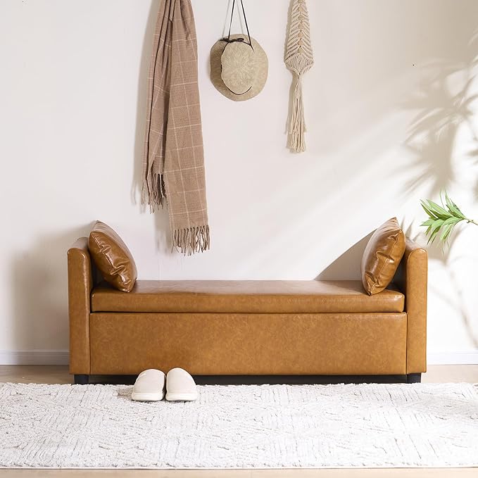 Storage Bench for Bedroom, 55" Long Bench for King Size Bed, Modern Upholstered End of Bed Ottoman Bench with Arms for Entryway Living Room (Faux Leather - Camel Brown)