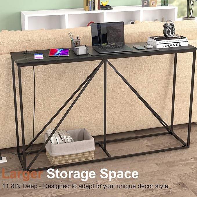 Console Table, 51" W × 12" D × 31.5" H Sofa Table Behind Couch, Entryway Table with Electrical Outlet & USB Ports, Industrial Pyramid Metal Base Console Table for Entryway, Black Wood
