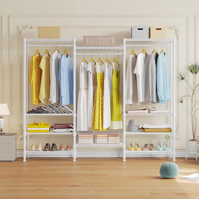 H12 Heavy Duty Clothes Rack with Adjustable 5-Tier Shoe Rack, Metal Clothing Racks for Hanging Clothes, Freestanding Shoe Organizer Large Garment Racks, 15.7" D x 68.7" W x 76.4" H, White