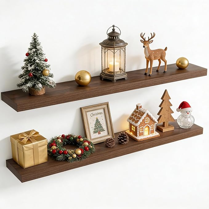 55 Inch Floating Shelves for Wall, 8 Inch Deep Floating Shelf for Storage & Display, Rustic Wall Mounted Shelf with Invisible Brackets for Living Room, Kitchen, Bathroom, Home Decor, Set of 2, Walnut