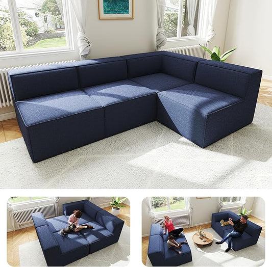 97" Sectional Compressed Sofa Modular Couches,High-Density Foam No Assembly Required,3-Piece(1xCorner 3xArmless) for Living Room, Chenille Blue
