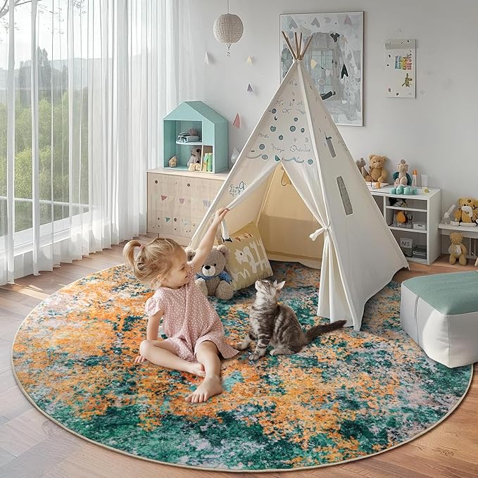 6ft Round Area Rug for Living Room- 6x6 Washable Neutral Abstract Rug for Bedroom Modern Soft Dining Room Rug No Slip Low Pile Carpet for Nursery Home Office Decor - Teal/Orange