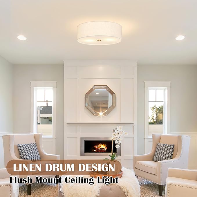 15.7 Inch Flush Mount Ceiling Light Fixture 3-Light Drum Modern Gold Ceiling Light Fixture Dimmable Close to Ceiling Light Fixture with Fabric Shade for Living Room Hallway Entryway Kitchen Bedroom