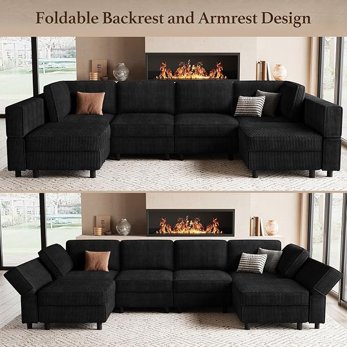 114.2" U Shaped Sectional Sofa,6 Seat Corduroy Couch,Comfy Modular Sectional Sofa with Storage Movable Ottoman Chaise,Upholstered Sectional Couches for Living Room,Black