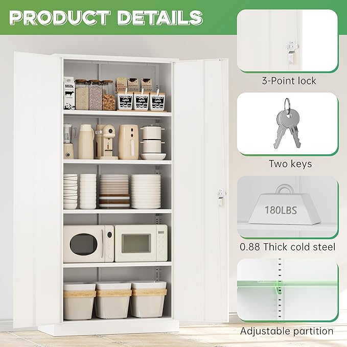 INTERGREAT Metal Storage Cabinet,72" Steel Lockable File Cabinet with Locking Doors and Adjustable Shelves,Locking Tool Cabinets for Office,Home,Garage,Gym,School (White)