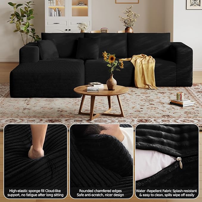 108'' Modular Sectional L-Shaped with Chair,Deep Seat Boneless Corner Couch for Living Room,Plush Corduroy Couch with Detachable Sofa Set,No Assembly(Left Facing Chaise，Black)