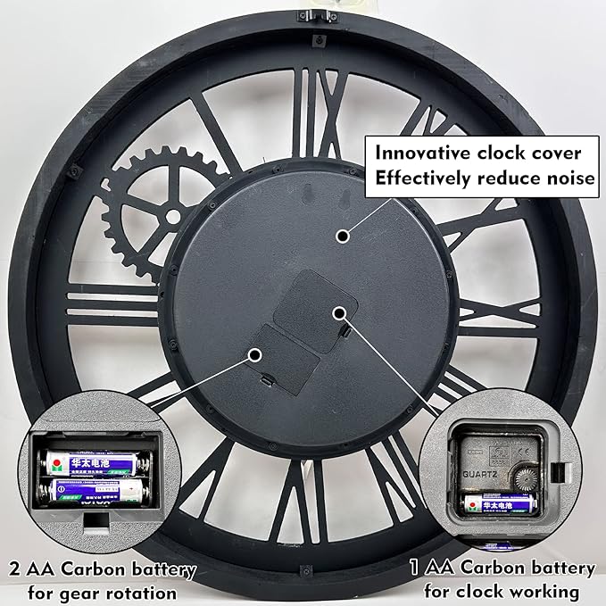 The B-Style Large Wall Clock 24 inch Moving Gear Wall Clock Oversized Vintage Farmhouse Wall Clocks for Living Room Decor Rustic Industrial Wood Clock (Brown and Bronze)