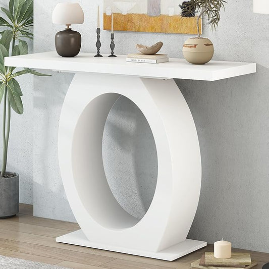 Modern Accent Table 39.4-Inch Wooden Entryway Console Table with Egg-Shaped Base for Living Room Bedroom Hallway Furniture, Beige