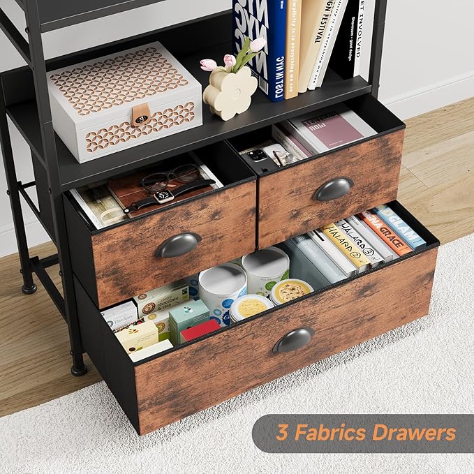 6 Tier Bookshelf, 47-Inch Small Bookcase with 3 Fabric Storage Drawers, Wood and Metal Book Shelf Storage Organizer, Industrial Display Standing Shelf Unit for Bedroom, Living Room, Rustic Brown