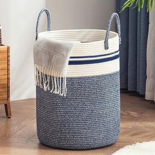 YOUDENOVA Woven Rope Laundry Hamper Basket, 72L Tall Laundry Basket, Baby Nursery Hamper for Blanket Storage in Bedroom-Large-Blue