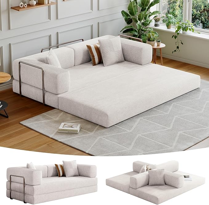 78.8''Convertible Sleeper Sofa Bed,Compressed Floor Boneless Couch,Modular Modern Corduroy Sofa for Living Room Bedroom -with Fixed-Shape Frame and Support Armrest,Easy Assembly(White