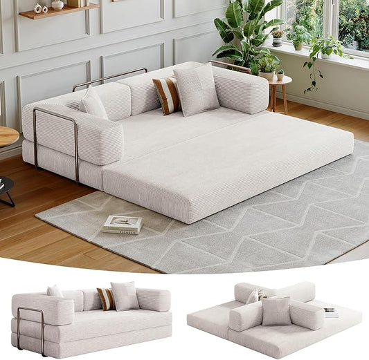 78.8''Convertible Sleeper Sofa Bed,Compressed Floor Boneless Couch,Modular Modern Corduroy Sofa for Living Room Bedroom -with Fixed-Shape Frame and Support Armrest,Easy Assembly(White