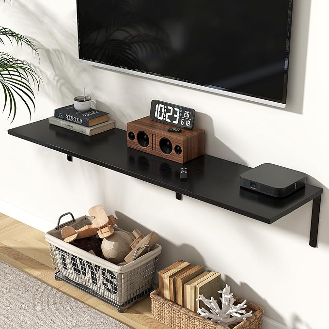 Fun Memories Floating Shelves for Wall, 12 Inch Deep Floating Shelves Set of 2, Wall Mounted Shelf with Metal Brackets, Rustic Wood Wide Shelf for Bathroom, Kitchen and Living Room, Black, 55W x 12D