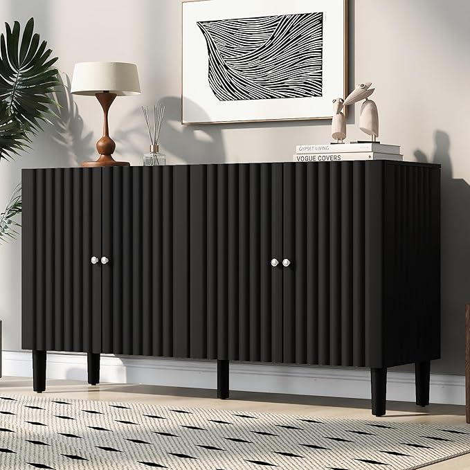 Modern Elegant Sideboard with 4 Wavy Pattern Doors and Cylindrical Legs, 58'' Storage Cabinets with Adjustable Shelves, Accent Entryway Cabinet for Living Room Hallway Kitchen (Black-4UV)