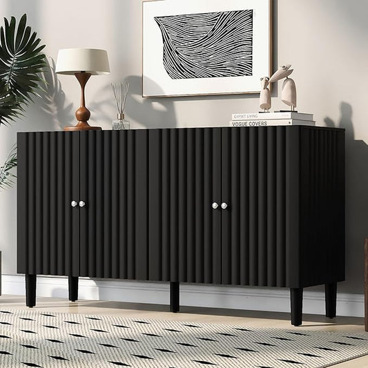 Modern Elegant Sideboard with 4 Wavy Pattern Doors and Cylindrical Legs, 58'' Storage Cabinets with Adjustable Shelves, Accent Entryway Cabinet for Living Room Hallway Kitchen (Black-4UV)