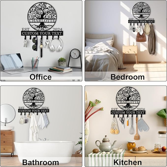 Personalized Metal Key Holder Wall Mount, Custom Name Tree of Life Key Holder for Wall, Key Organizer Rack with Hooks, Home Decor for Living Room Entryway Bathroom Kitchen, Housewarming Gifts Color03