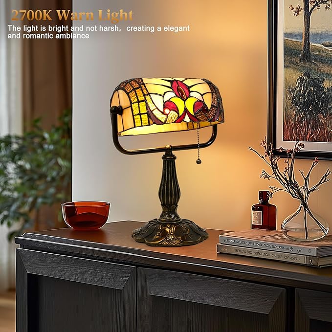 Tiffany Style Bankers Lamp - Stained Glass Desk Lamps with Baroque Design & Pull Chain, Vintage Table Lamp Bankers Desk Light for Office Bedroom Nightstand Living Room LED Bulb Included