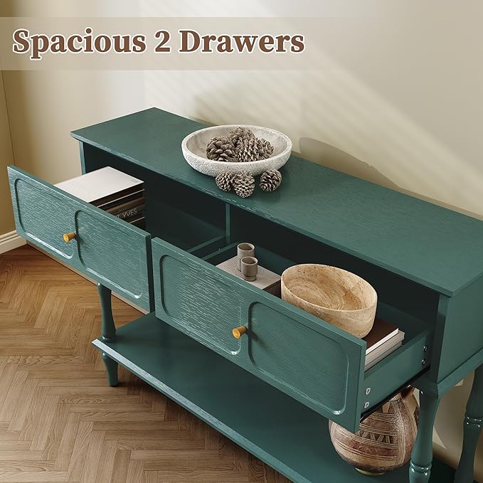 ARTPOWER Mid-Century Console Table for Entryway with 2 Drawers, Green Retro Entryway Table with Storage Cabinets and Open Shelf, Narrow Long Couch Table Behind Sofa for Living Room, Foyer, Hallway