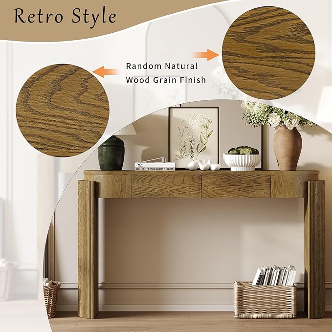 55.1" Entryway Narrow Console Table with Drawers, Oval Top & Fluted Legs, Natural Wood Grain Sofa Table for Hallway, Foyer, Behind Couch, Accent Table for Living Room, Solid Wood + MDF (Natural)