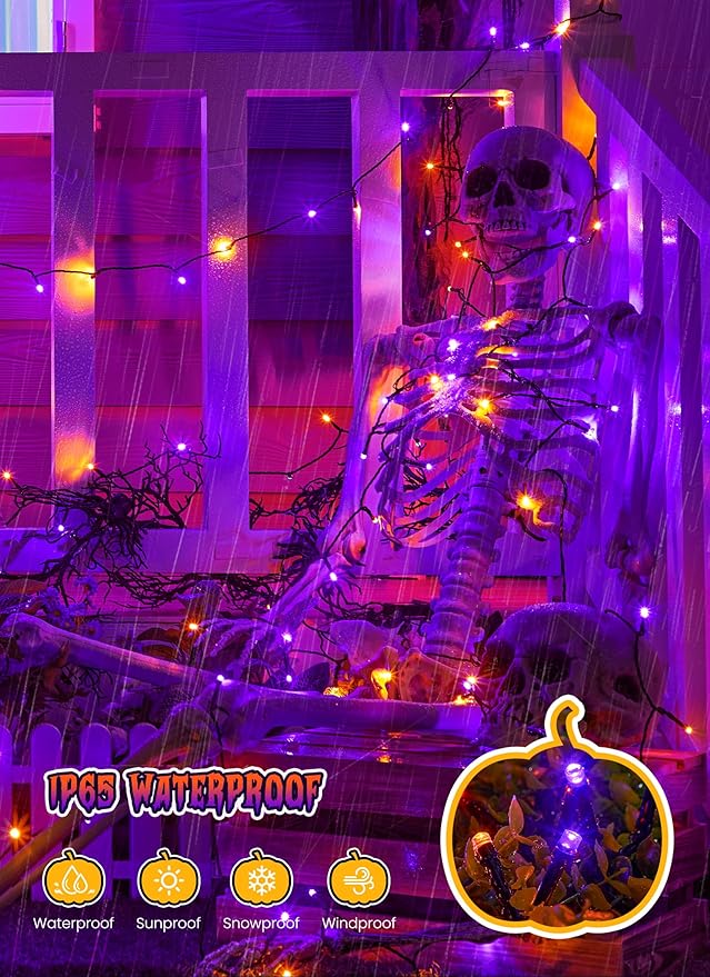 Brightown 2 Pack Halloween Solar String Lights Outdoor, Total 144Ft 400 LED Twinkle Fairy Lights Waterproof with 8 Modes Auto On/Off for Patio Tree Garden Party Home Decorations (Orange&Purple)