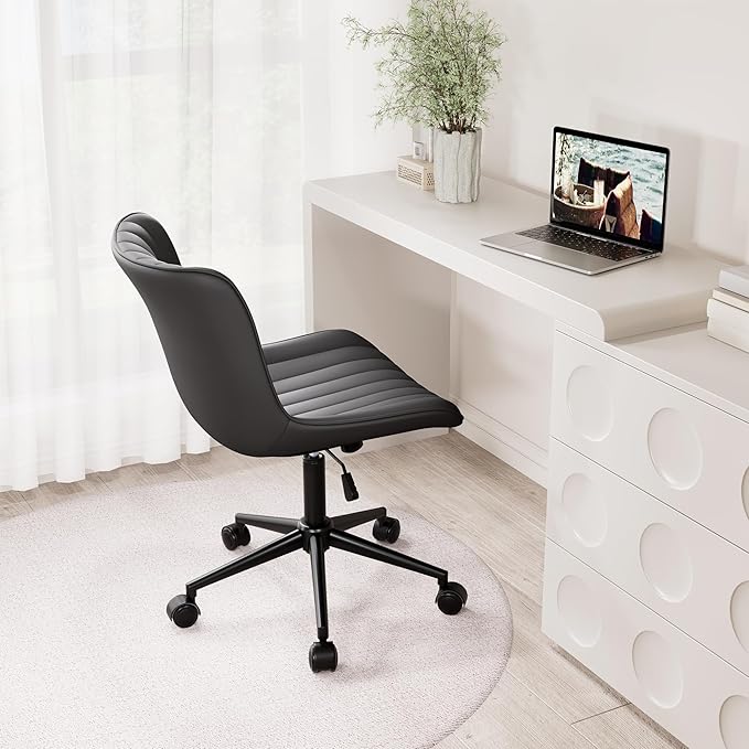 Kidol & Shellder Black Leather Home Office Desk Chair with Wheels Modern Cute Armless Executive Swivel Vanity Chair with Comfy Padded Back Ergonomic Rolling Adjustable Computer Task Chair Small