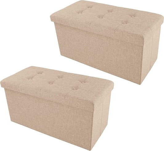Lavish Home Ottoman Set of 2 - Ottoman Foot Rest, Linen Chest, or Storage Bench Set - 30in Ottomans for Living Room, Bedroom, Dorm Storage (Beige)