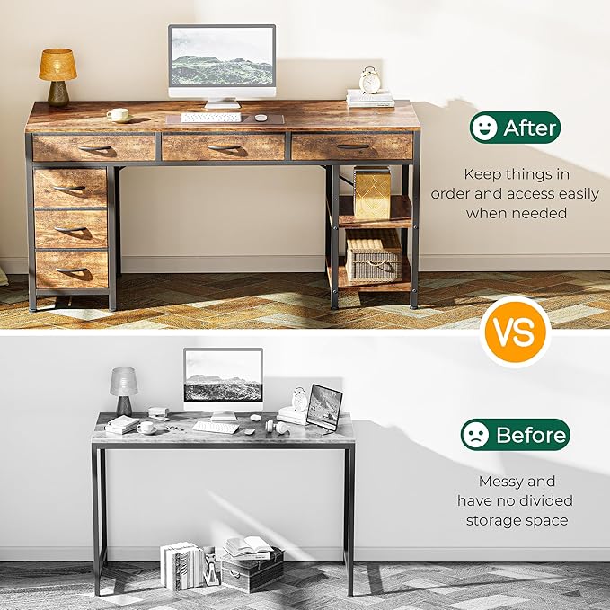Huuger Computer Desk with 6 Drawers, 54 Inch Office Desk with Shelves, Reversible Gaming Desk, Corner Desk with Storage, Work for Home Office, Study, Living Room, Rustic Brown