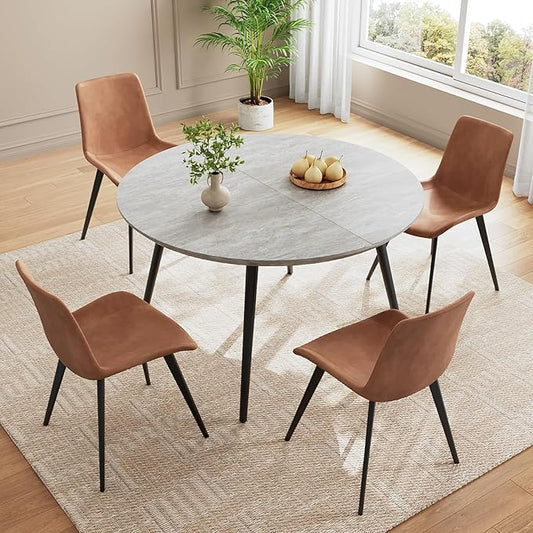 43.3"-59.1" Extendable Round Dining Table Set, Wooden Round Table for 4-6 Person, Walnut Coffee Table w/Scratch-Resistant Tabletop