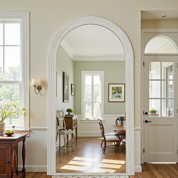 Antok Full Length Mirror 76"×41" Floor Mirror Standing Tall Mirror, Arched Stand up Large Wall Mirrors, Freestanding Full Body Mirrors for Bedroom Living Room Wood Vintage Style White