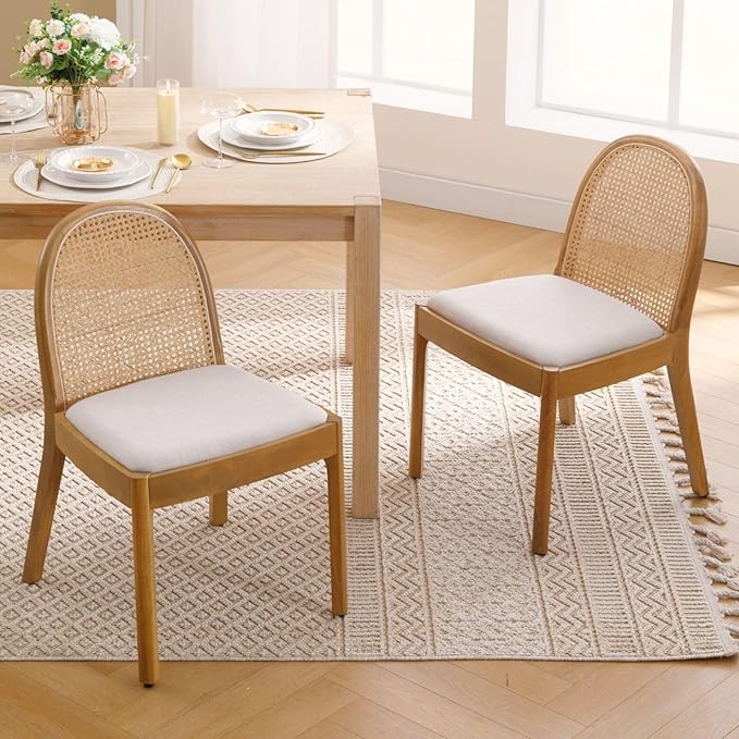 LukeAlon Modern Linen Dining Chairs Set of 8, Natural Woven Rattan Cane Back Side Chairs with Solid Wood Legs Mid Century Dinner Chairs for Kitchen Living Room, Beige