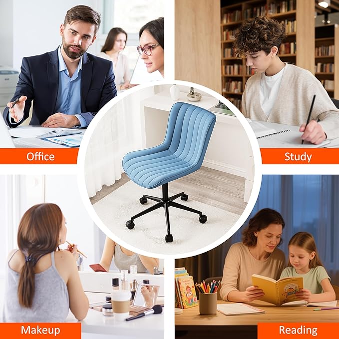 Kidol & Shellder Blue Leather Home Office Desk Chair with Wheels Modern Cute Armless Executive Swivel Vanity Chair with Comfy Padded Back Ergonomic Rolling Adjustable Computer Task Chair Small