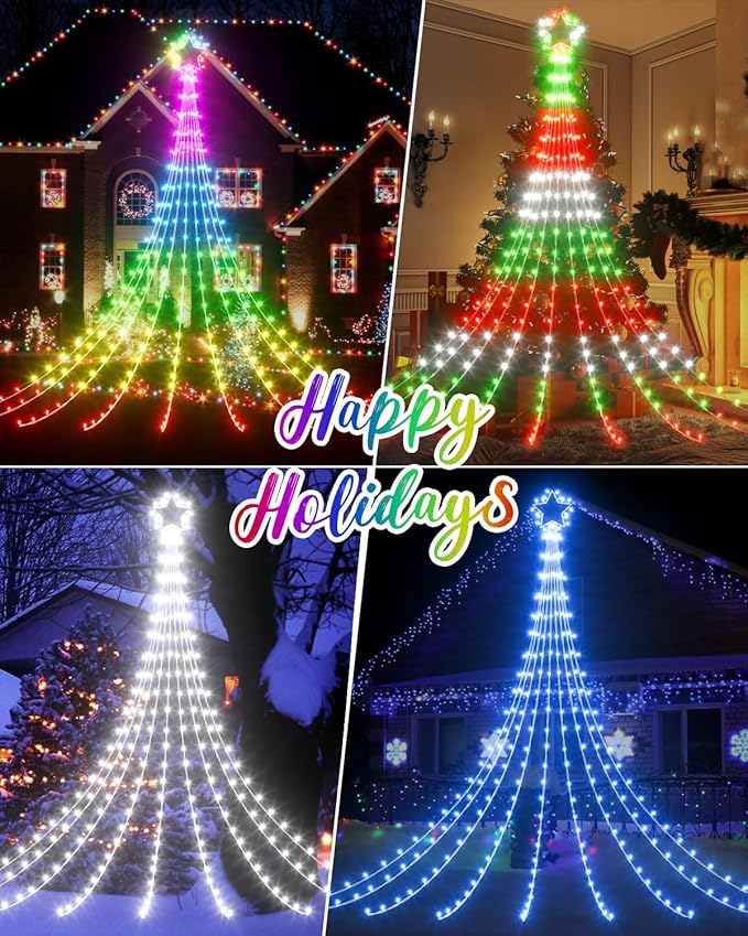 23FT Outdoor Christmas Decorations Star String Lights, Smart RGB Led Tree Lights Waterfall DIY Preset Scenes App Remote Control Large Unique Yard Lights for Outside Roof Home Xmas Holiday Decor
