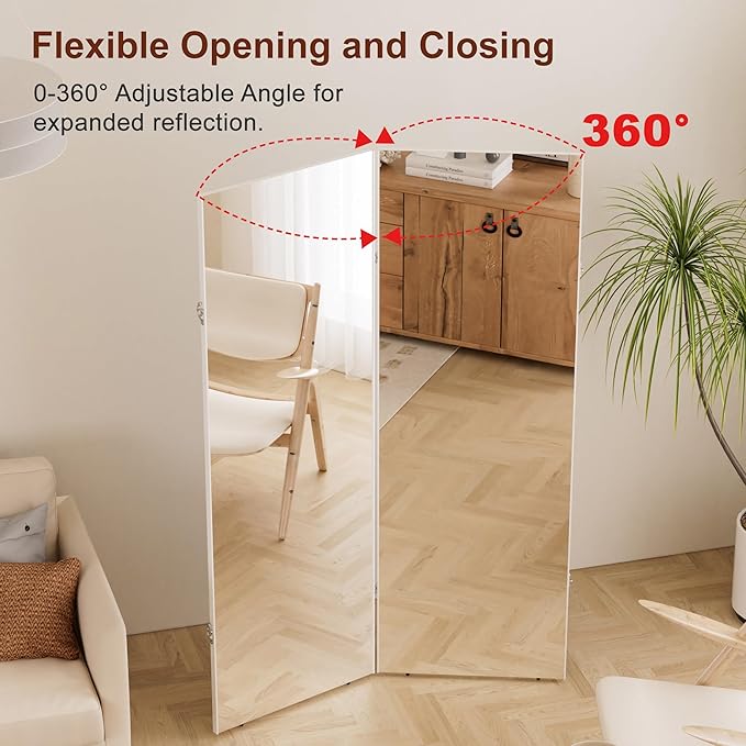 brisafe 360-Degree Folding Full-Length Mirror - 71"x47" Oversized Anti-Shatter Nano Film Mirror, Space-Saving Foldable Design for Home Gym/Yoga Studio,White, 60% Commercial Insurance Discount