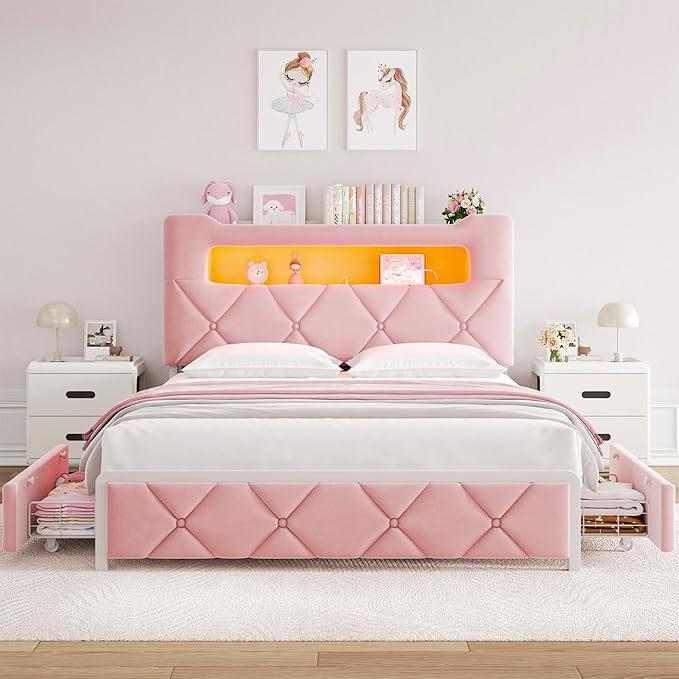 Queen Upholstered LED Bed Frame with 2 Storage Drawers and 2-Tier Storage Headboard,Velvet Princess Platform Bed with Charging Station & Bookcase,Heavy Duty Metal Support,No Box Spring Needed,Pink