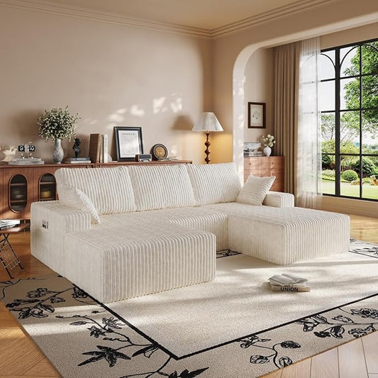 108" U Shaped Sectional Couch with Ottoman, Corduroy Modular Sectional Sofa with Deep Seat, Modern Modular L-Shape Sofa Couch with Chaise,Upholstered Boneless Couches for Living Room Bedroom
