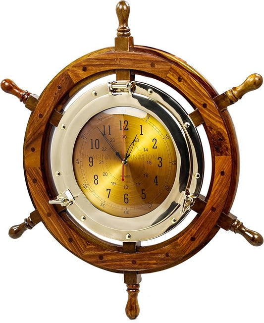 Nagina International 24" Exclusive Pirate's Nautical Ship's Steering Wheel Styled Porthole Clock | Lavish Wall Decor Gifts & Collectible