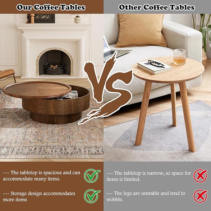 Round Coffee Table with Storage 30.7" Modern Luxury Wood Center Table Circle Drum Coffee Table Small Accent Side Table for Living Room Apartment, Small Space (Round Brown)
