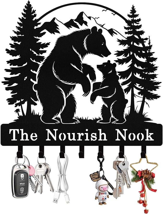 Personalized Bear Forest Key Holder Wall Mount, Custom Metal Key Holder for Wall with Name, Custom Keys Rack Hanger with Hooks for Entryway, Front Door, Hallway, Living Room, Kitchen