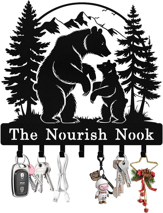 Personalized Bear Forest Key Holder Wall Mount, Custom Metal Key Holder for Wall with Name, Custom Keys Rack Hanger with Hooks for Entryway, Front Door, Hallway, Living Room, Kitchen