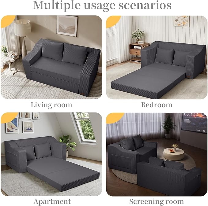 MeMoreCool Convertible Sofa Bed, Pull Out Loveseat Sofa Sleeper Couch for Bedroom Living Room Lounge, 2 in 1 Small Couch Bed with Pillow, Foldable Love Seat Futon Corduroy Grey