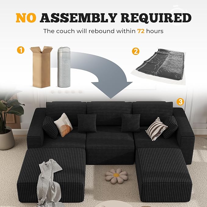 113" Modular Sectional Sofa, Convertible U-Shaped Cloud Couches for Living Room with Ottoman, 5 Seater Corduroy Boneless Couch Sofa Set, No Assembly Required, Black 1 PCS