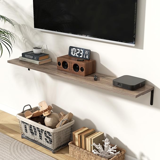 Fun Memories Deep Floating Shelves, 55W x 8D Floating Shelves Set of 2, Wall Mounted Shelf with Metal Brackets, Rustic Wood Wall Shelf for Bathroom, Kitchen and Living Room, Grey