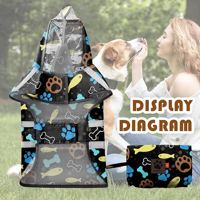 Dog Raincoat, Adjustable Dog Rain Jacket with Clear Hooded Double Layer for Large Medium Small Dogs Puppies, Waterproof Rain Coat Poncho Paw Print, Black-L