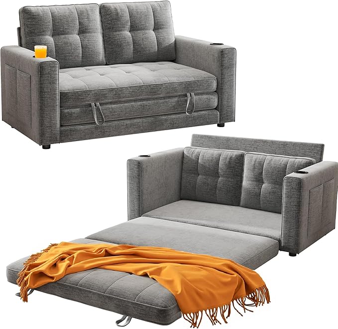 WorthFurni Convertible Sofa Bed, Folding Sofa Bed 2 in1 Pull Out Loveseat Sleeper Sofa, Floor Sofa Bed for Small Spaces Folding Couch Bed with Pillows for Living Room Bedroom - Grey