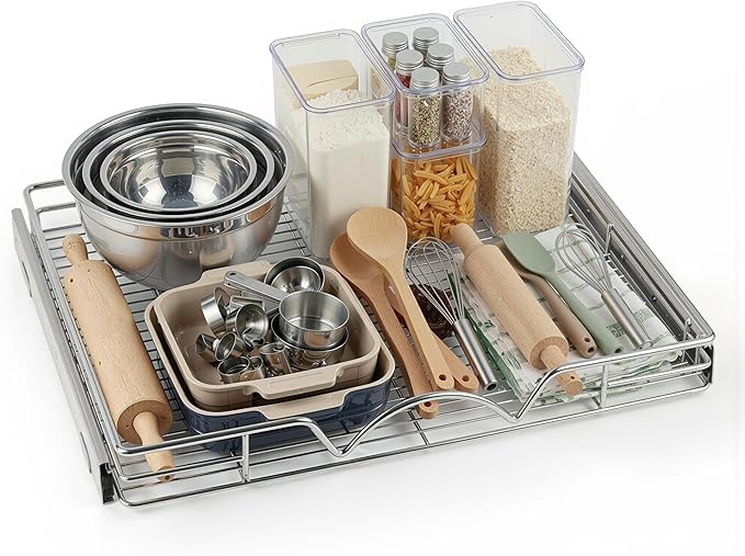 HOLDN’ STORAGE Pull Out Cabinet Organizer, Heavy Duty Caddy w/Lifetime Limited Warranty - 28”W x 21”D - Requires At Least 29-1/4” Cabinet Opening, Steel Metal Cabinet Drawers Slide Out, Chrome