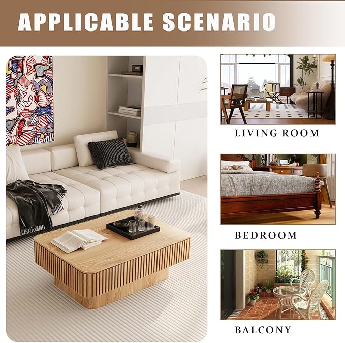 38.6" Lift Top Fluted Coffee Table with Storage, Rectangle Coffee Table with Solid Wood Veneered, Modern Wooden Center Table, Accent Tea Table for Living Room Apartment, Natural