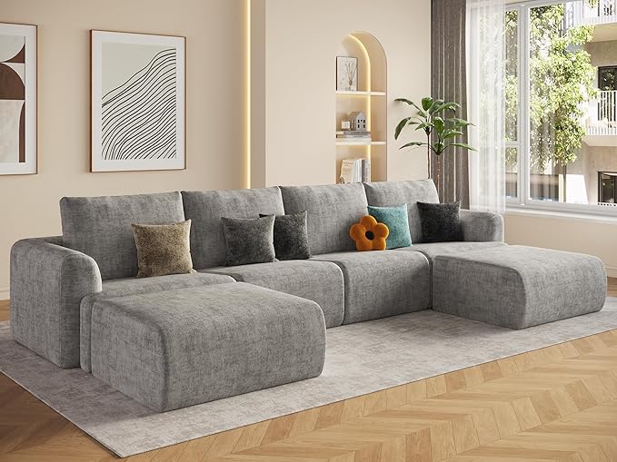EASE MOOSE Boneless Modular Cloud Couch, Oversized U-Shaped Sectional Sofa for Living Room with Ottoman, Extra Large Movable Couches, 6-Deep-Seat Sofas for Bedroom, Apartment, Chenille (Light Grey)